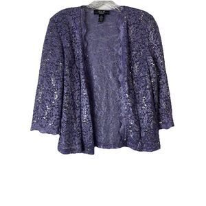 R&M‎ Collection women Open Jacket Sz 6 Purple Lace Sequined 3/4 Sleeve Scalloped